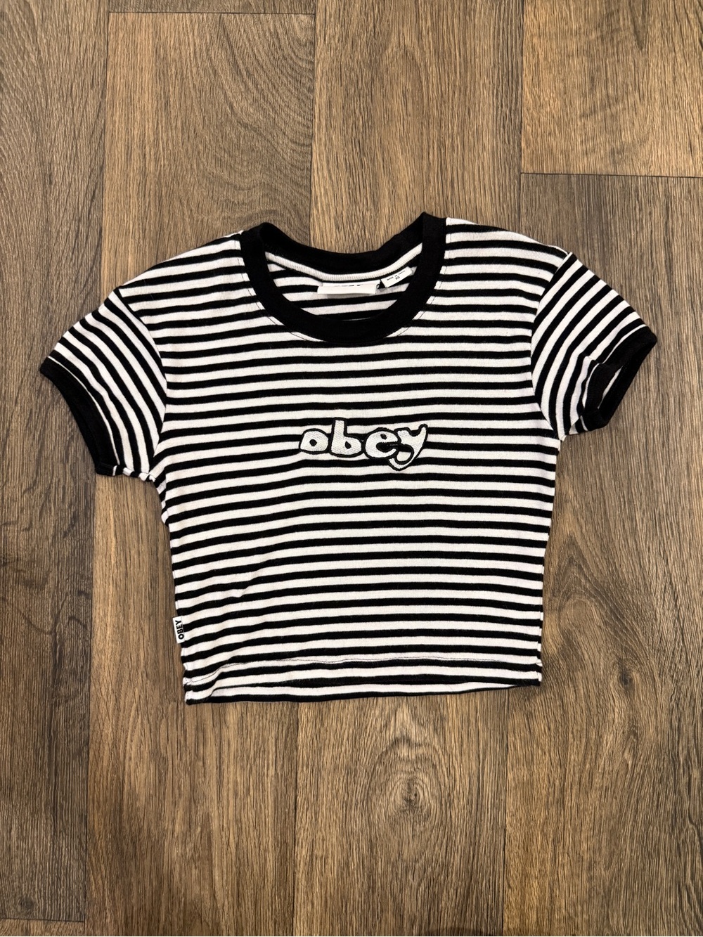 Obey Black and White Striped Crop Tee